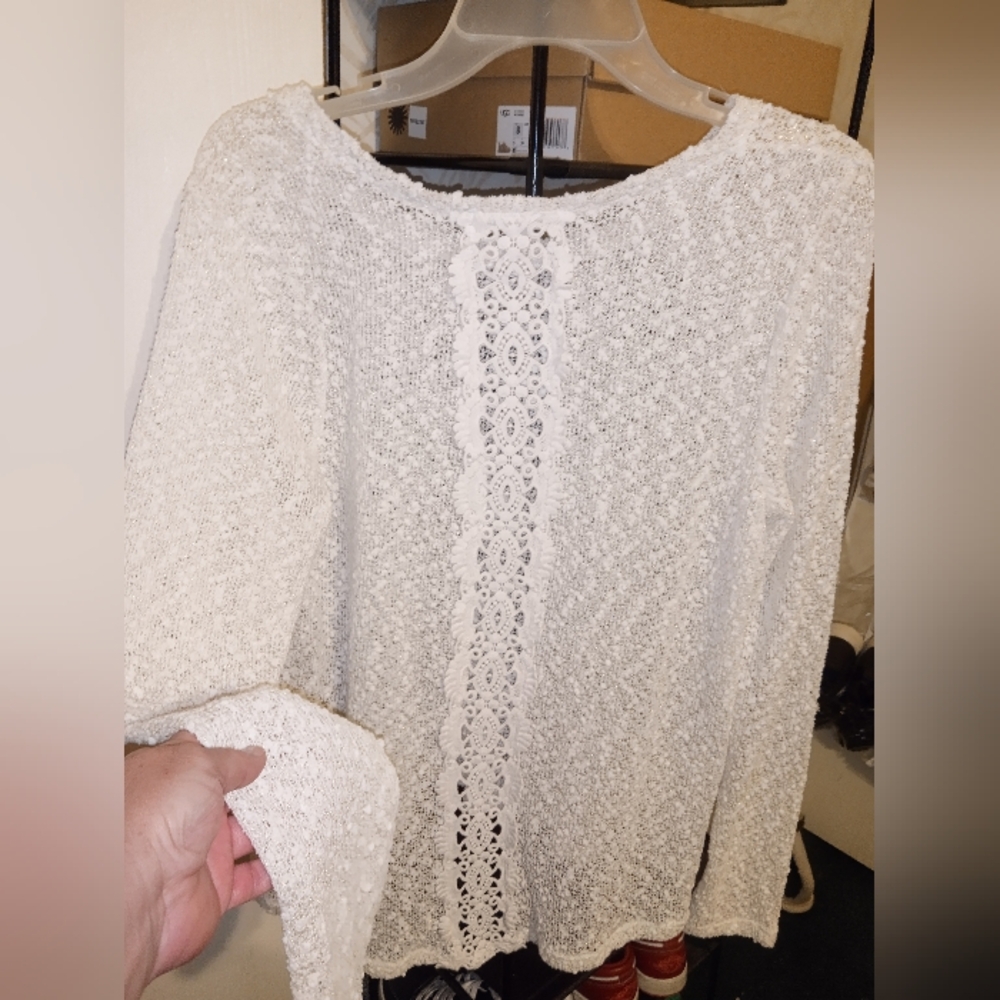 SALE💥Aeropostale Off White With Gold Shimmer Embroidered Lace Detail Sweater-XL